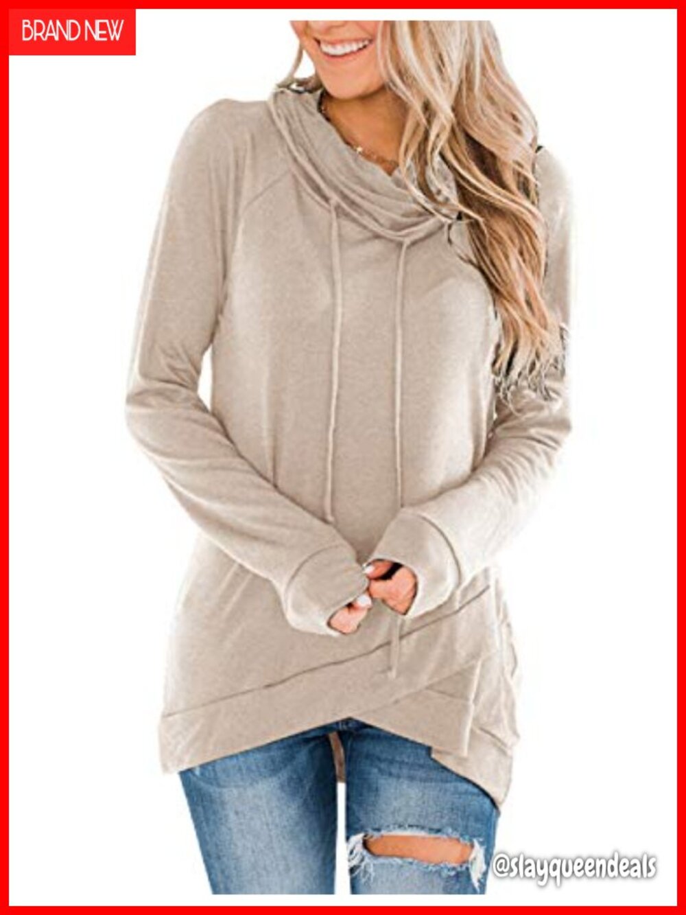 Cowl Neck Tunic Top Long Sleeve Pullover Drawstring Sweatshirt Casual